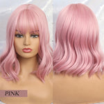 JONRENAU High Quality Short Natural Wave Hair Synthetic Wigs with Neat Bangs for Women Pink Beige Brown 3 Colors for Choose