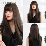Element 18" Long Synthetic Wig with Bangs Dark Root Ombre Color Natural Headline Heat Resistant Hair Wigs for Women