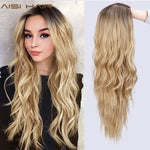 AISI HAIR Long Wavy Ombre Blonde Wig Platinum Blonde Synthetic Wigs for African American Women Two Tone Natural Middle Part Wig